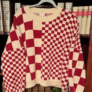 POL Red and Cream Checkered Crew Neck Sweater